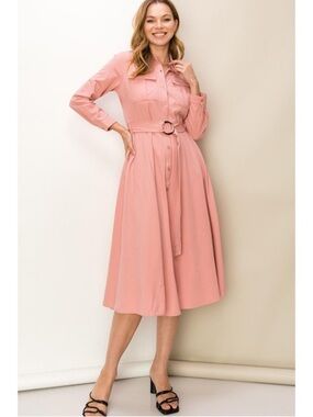 HYFVE Blush Pink Midi Shirt Dress with Belt